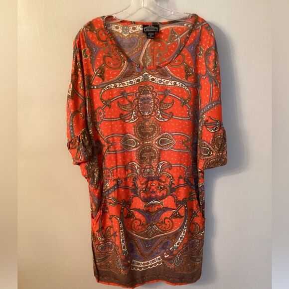 ANGIE SIZE MEDIUM RED ORANGE PAISLEY PRINT RAYON TUNIC DRESS WITH POCKETS - Picture 1 of 8